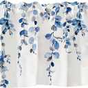 Watercolor Blue Leaves Window Valance for Bedroom Living Room, Grey Leaf Vine Plant Curtains Valanes for Windows, 3" Rod Pocket Window Treatment for Season Home Decorations, 54 x 18 Inch, 1 Panel