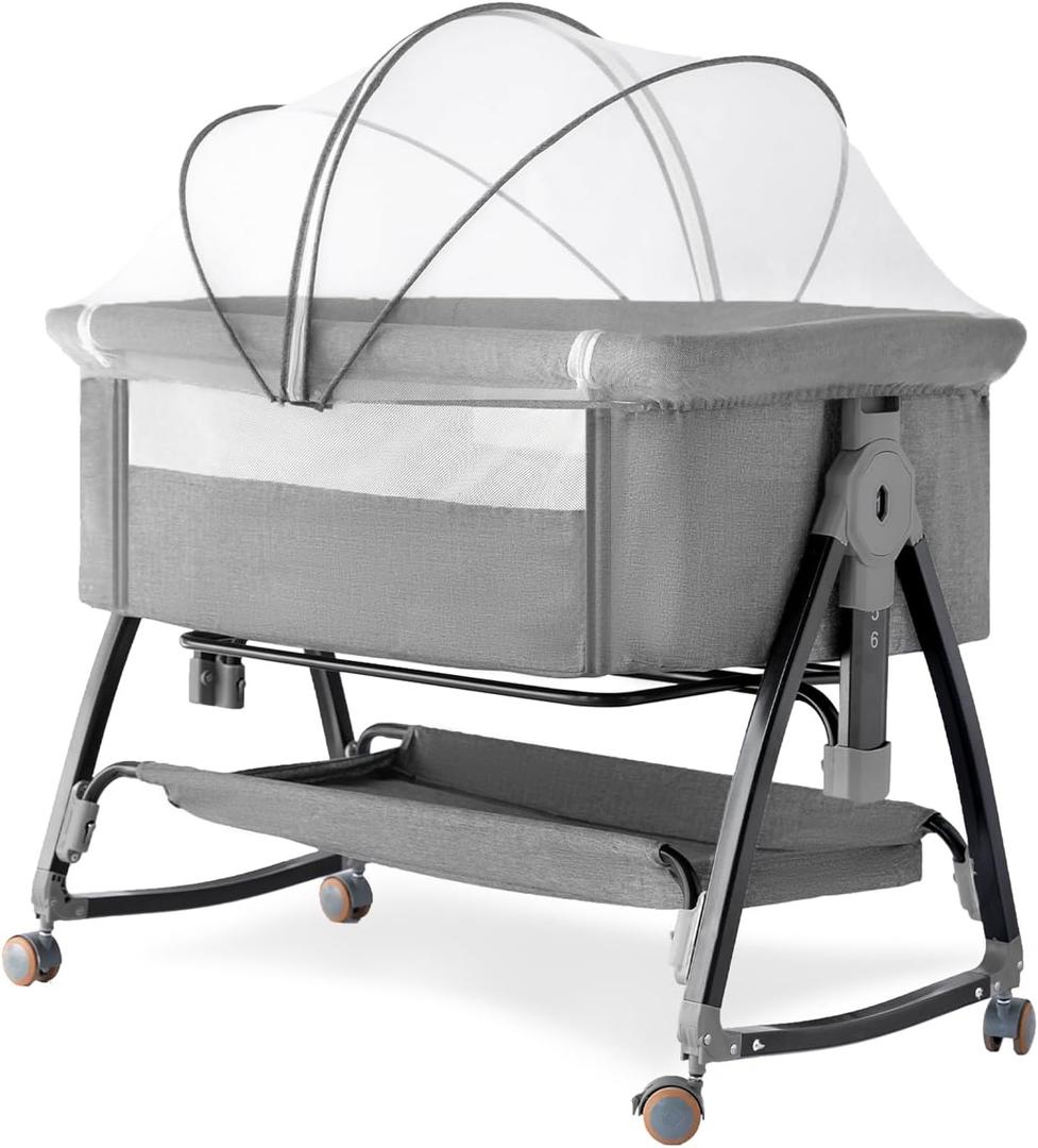 Bedside Crib, 3 in 1 Bassinet with Quick Height Adjustment and Mosquito Nets Rocking Bassinet for Baby, Bedside Bassinet with Wheels, Easy to Fold, Golden Triangle StructureDark Grey