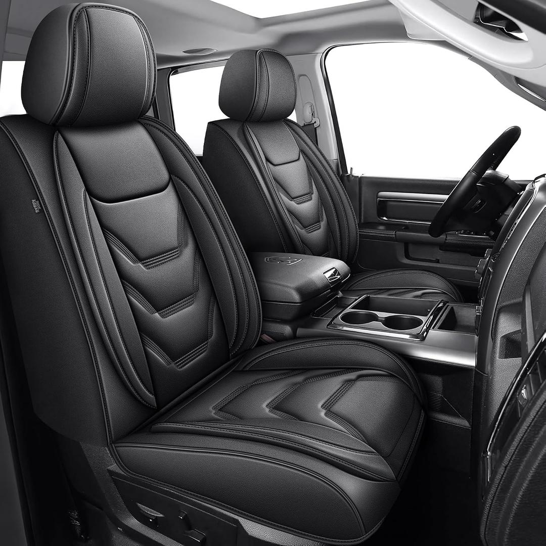 Truck Seat Covers Full Set Custom Fit for 2002-2025 2026 Dodge RAM 1500/2500/3500 Crew Quad Regular Cab Durable Waterproof Leather Seat Protectors (Black, Flat Bench)
