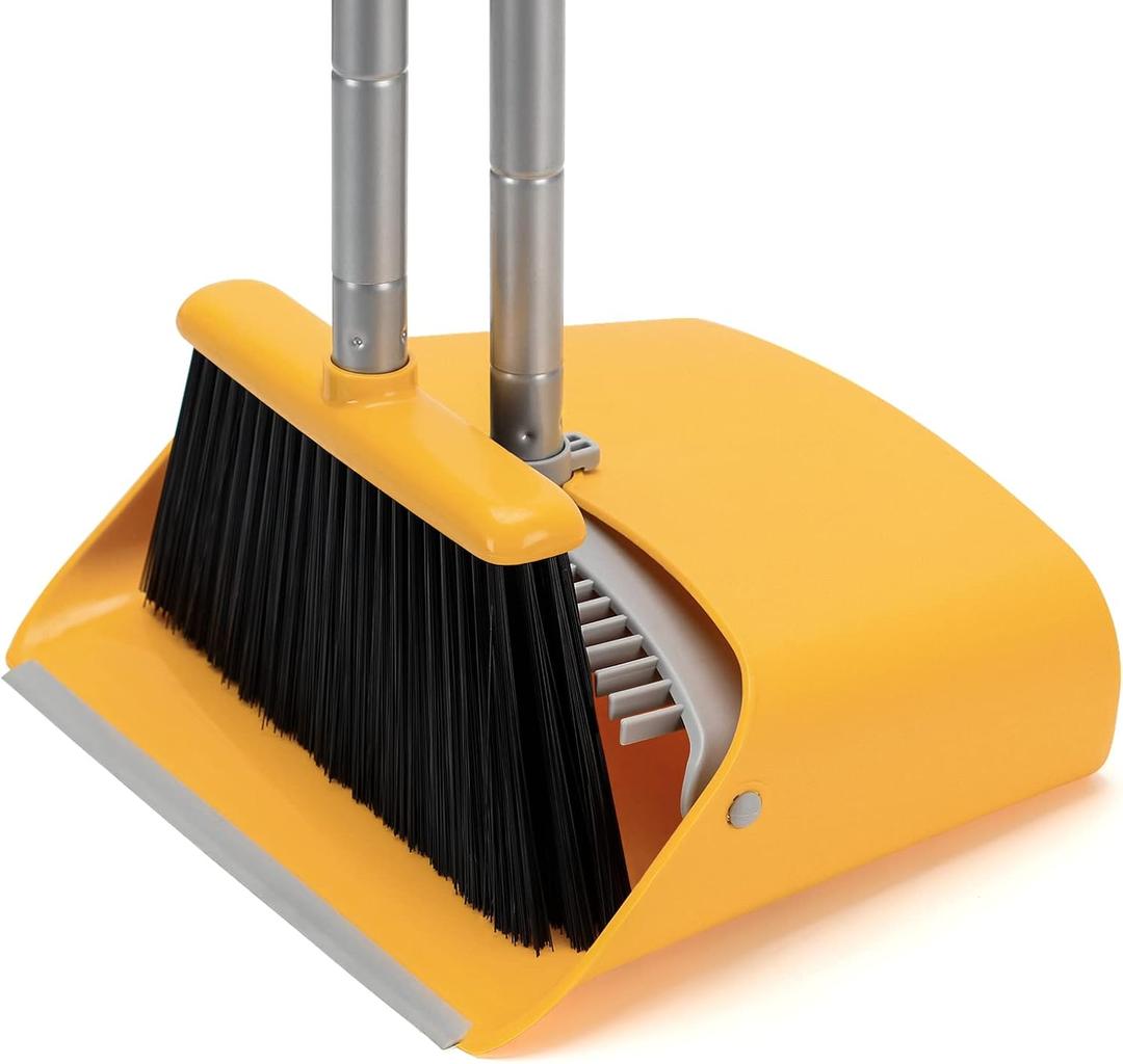 TreeLen Broom and Dustpan Set, Stand Up Broom and Dustpan for Home Cleaning (Yellow)