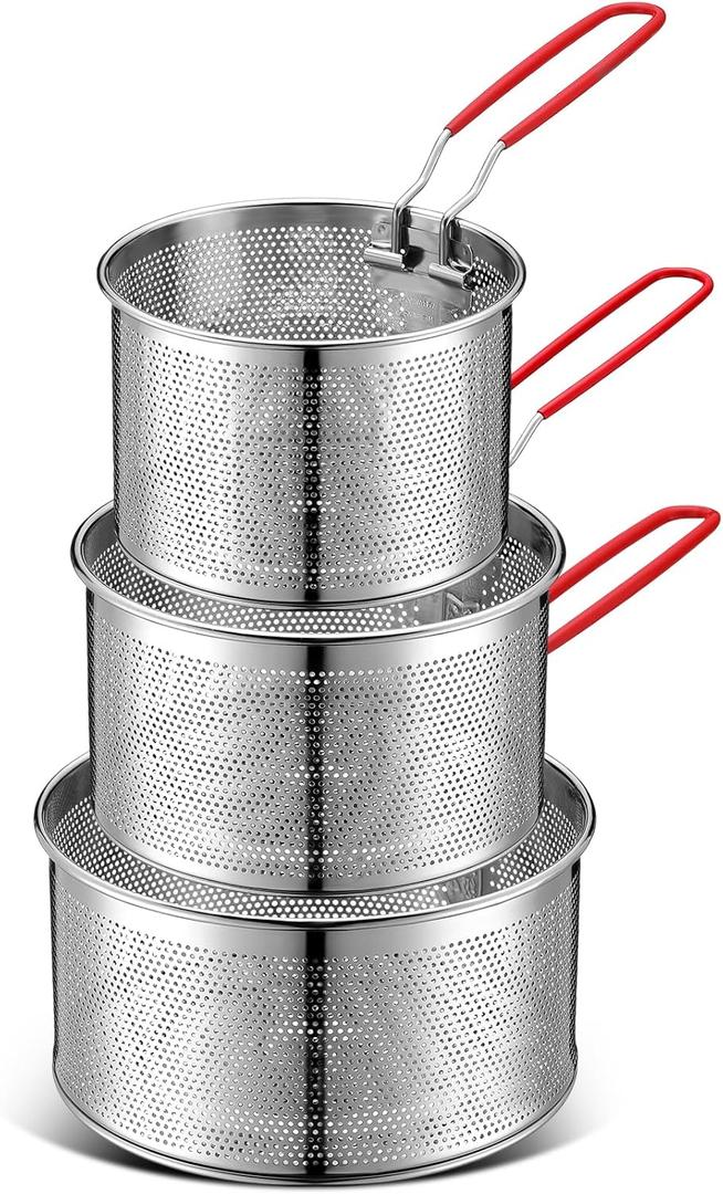 Patelai 3 Pcs Pasta Strainer 5.5" 6.3" 7.1" Metal Noodle Strainer with Long Removable Handle 304 Stainless Steel Deep Fryer Basket Pasta Noodle Basket Kitchen Colander for Washing Frying Boiling