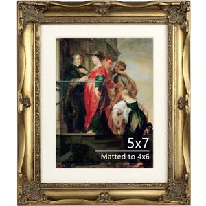 Vintage Gold Ornate Baroque Carved Wood Picture Frame with Mat (5x7, Gold)