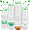 Yaomiao 150 Pcs 2 oz St. Patrick's Day Jelly Cups Shot with Lids Fun Shamrock Clover Shaped Design Plastic Shot Cups for Irish Festival Carnival Party