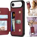 TUCCH Card Case Wallet for iPhone Air (6.5-inch) 2025, RFID Blocking 3 Card Slots, Crossbody Lanyard Strap, Clear ID Window, Undetachable Wallet, Magnetic, PU Leather Shockproof Phone Cover, Dark Red