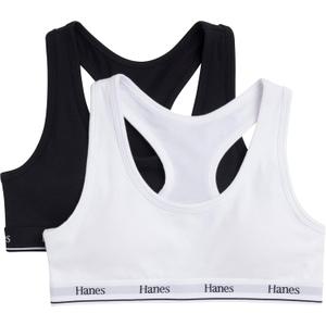 Hanes Girls' Cotton Racerback Sports Bra 2-Pack (Medium, Black/White)