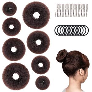 Donut Hair Bun Maker Set, 8 Pieces with 10 Black Rubber Bands and 20 Bun Bobby Pins for Ladies, Brown Donut Hair Bun Maker Set, 8 Pieces with 10 Black Rubber Bands and 20 Bun Bobby Pins for Ladies, Brown