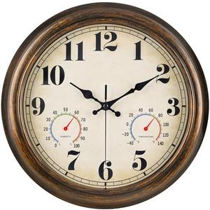 45MinST 13-Inch Vintage Outdoor Wall Clock with Thermometer and Hygrometer, Waterproof, Large Numbers, Silent, for Indoor and Outside Use,Porch,Garden,Pool(Bronze) : Home & Kitchen