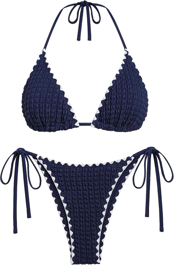 ZAFUL Bikini Sets for Women Halter Two Piece Swimsuit Ribbed High Cut Tie Side Thong Bathing Suit Sexy Padded Swimwear (Blue, L)