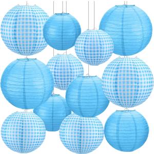 12 Pcs Blue Gingham Paper Lanterns Folding Hanging Chinese or Japanese Round Paper Lanterns for Boy Baby Shower, Birthday, Wedding, Picnic, BBQ & Mamma Mia Party Decor