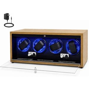 4 Slots Watch Winder for Automatic Watches, Walnut Winding Watch Box with Blue LED & Japanese Quiet Motor for Rolex and Auto Watches, Wooden Rotating Watch Case Used for Display, Storage & Gift