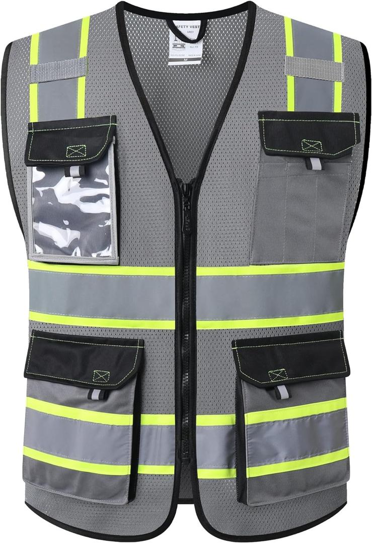 JKSafety Hi Vis Reflective Safety Vests for Men Women High Visibility Vest with Pockets Mesh Fabric Construction Safety Apparel Neon Vest for Work (220-Grey XL)
