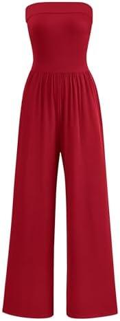 PRETTYGARDEN One Piece Strapless Jumpsuits for Women Dressy Casual Wide Leg Tube Rompers Jumper Beach Vacation Summer Outfits S