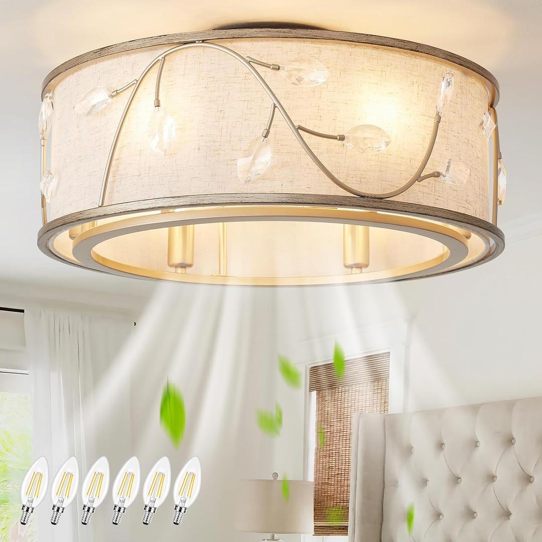 Caged Flush Mount Ceiling Fans with Lights, 20" Gold Boho Ceiling Fan, Low Profile Crystal Ceiling Fan with Light Remote Control, Small Mid Century Bladeless for Bedroom(6 E12 Bulb Include)