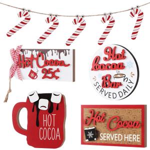 5 Pieces Christmas Hot Cocoa Wooden Signs Tiered Tray Decoration Hot Cocoa Decor Warm Winter Tabletop Wooden Block Sign Christmas Candy Canes Tiered Tray Decorations Holiday Table Centerpieces