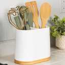 DAILY RITMO White Large Oval Utensil Holder with Bamboo Wooden Base
