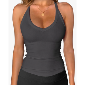GENJUN Workout Tops for Women Racerback Basic Tank Summer 2025 Camisole V Neck Slim Fit Ribbed Sleeveless size L