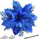 FurRain Christmas Poinsettia Artificial Flowers Decorations 5.5" Christmas Tree Wreaths Garland Decoration 12 Pcs Glitter Flowers Picks Decor for Xmas Wedding Party Ornaments (Royal Blue)