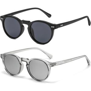 Gleyemor Vintage Polarized Sunglasses for Men Round Sunglasses UV400 Protection Retro Hand-crafted Acetate Frame (Black/Grey+ Clear Grey/Silver Mirror)