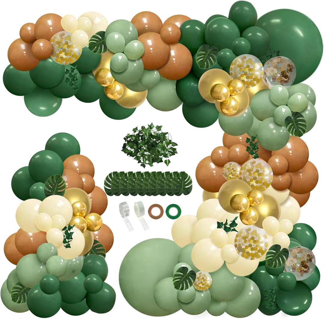 148 pcs Safari Jungle Balloon Arch Kit, Sage Green Brown Wild Balloon Garland with Palm Leaves, for Woodland Tropical Birthday Party Supplies Shower Decoration