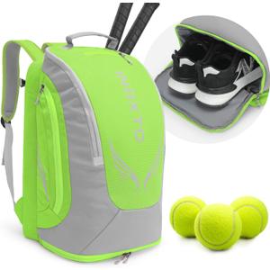 INOXTO 40L Tennis Backpack for Men & Women, Large Pickleball Bag With Independent Shoe Storage, Waterproof & Breathable, Holds 2 Tennis Rackets for Badminton, Travel & Camping (Light green)