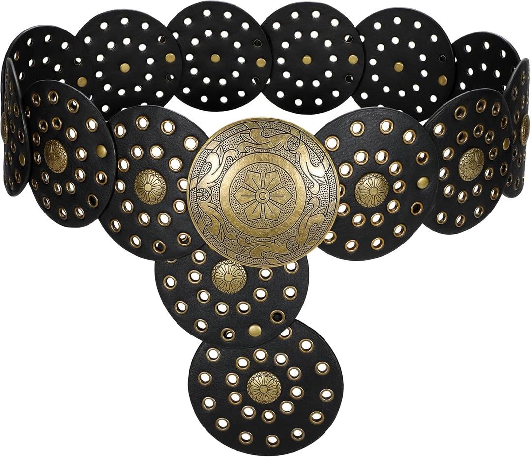 LEACOOLKEY Women's Boho Disc Belt Wide Western Leather Belt Vintage Concho Waist Belts for Dress Jeans