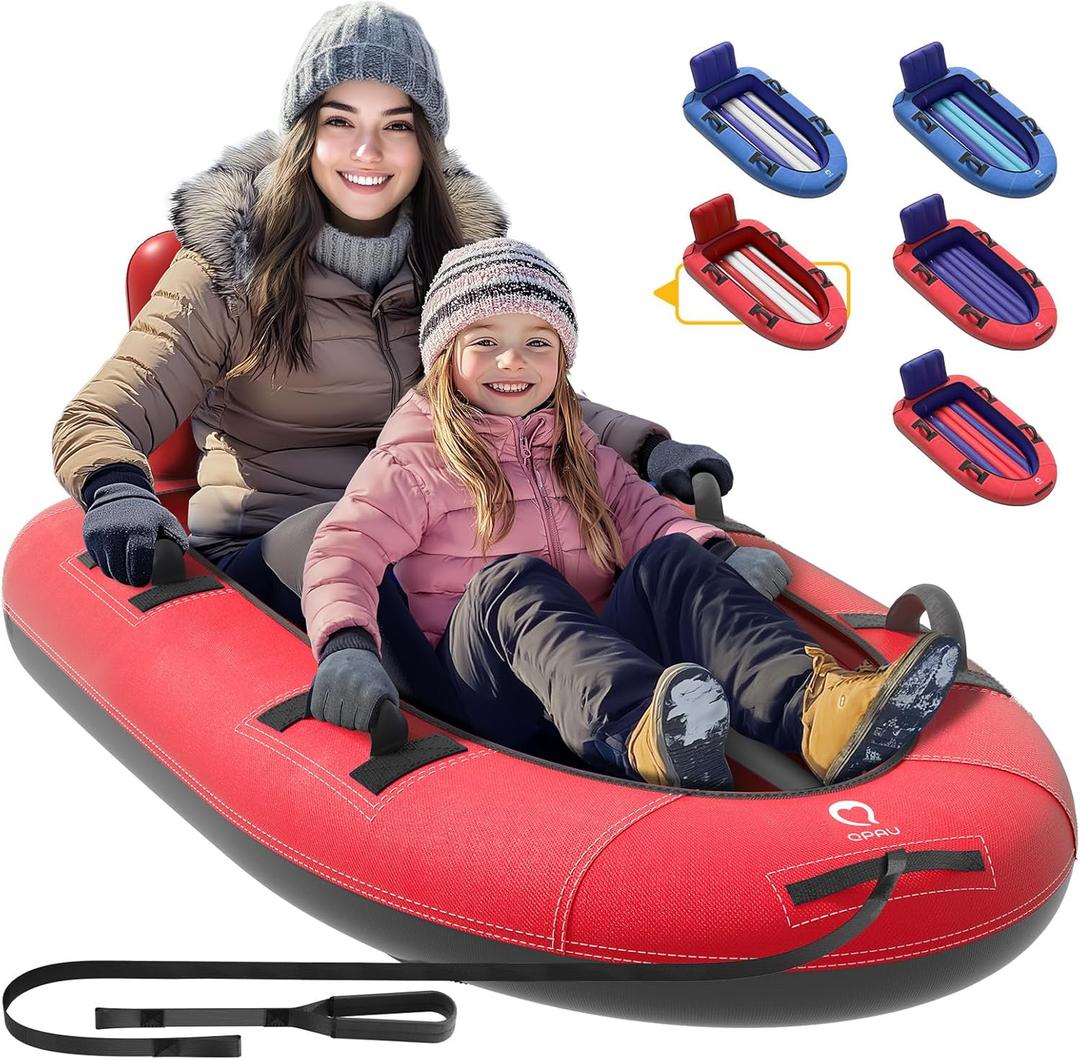 QPAU Snow Sled with Premium Canvas Cover, 2 Person Inflatable Heavy Duty Snow Tube with Reinforced Handles, Snow Sleds for Kids and Adults, Winter Toboggan Outdoor Toys Gifts for Family