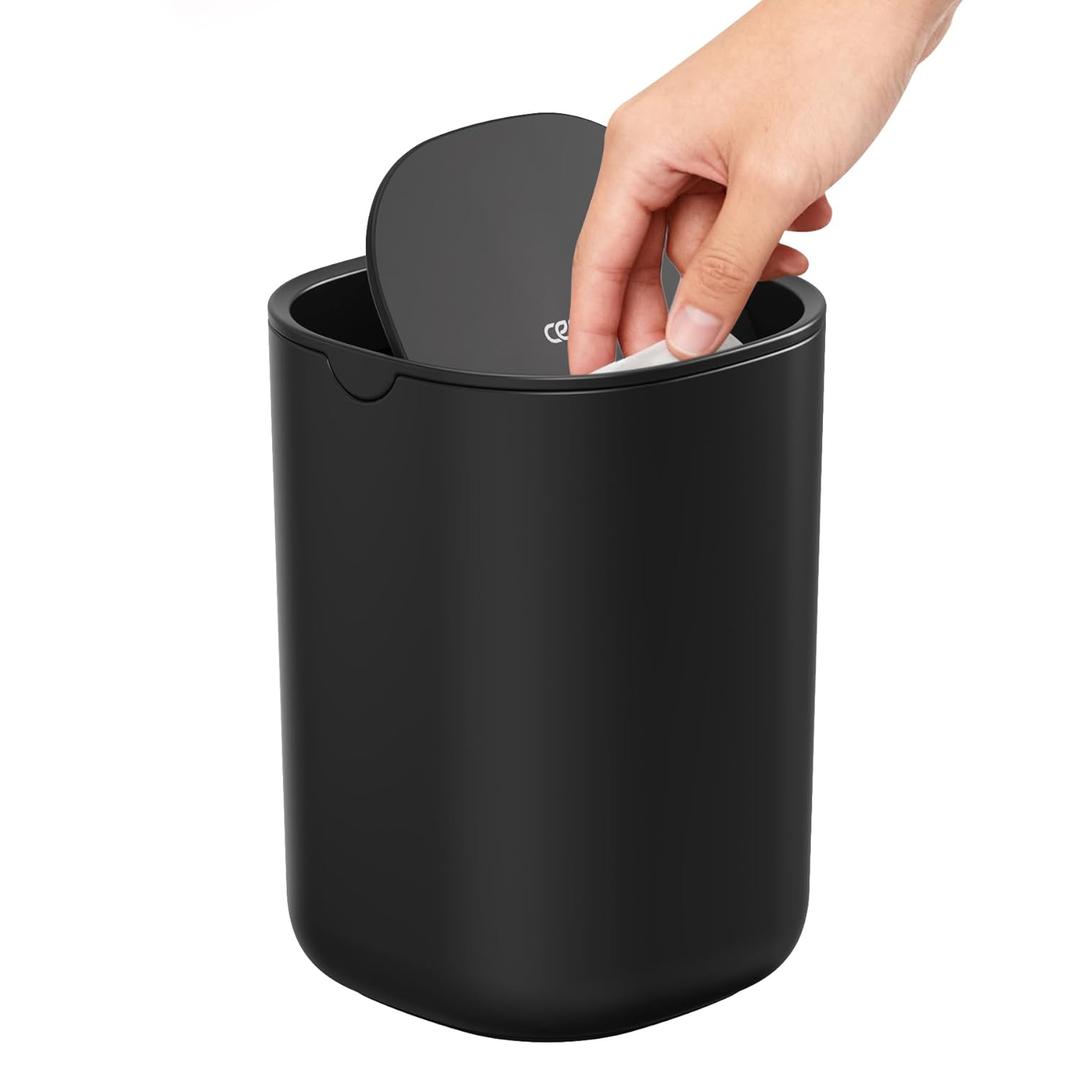 Cesun Mini Desktop Garbage Can with Swing Lid, 0.4 Gallon Small Desk Garbage Can, Countertop Wastebasket, Modern Tiny Tabletop Bin for Home Office, Makeup Area, or Car Interior (Black)