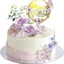 19 PCS Flower Cake Toppers Butterfly Cake Decorations Happy Birthday Cake Toppers with Artificial Purple Rose Flowers Pea Blossoms Butterflies for Women Birthday Wedding Party Supplies