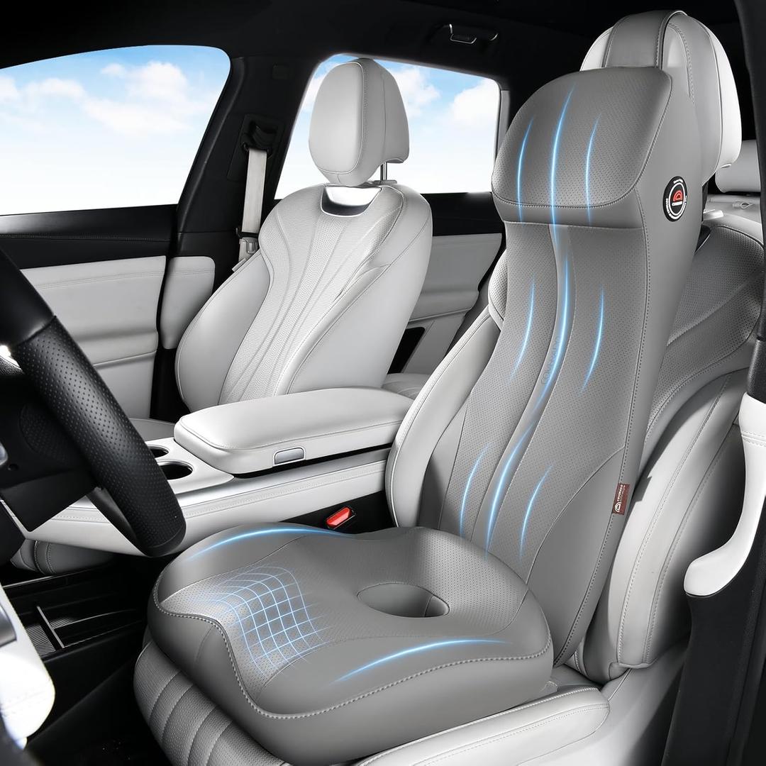 Coverado Memory Foam Car Seat Cushion and Lumbar Support Headrest Pillow, 2-in-1 Integrated Ergonomic Back Support Neck Pillow, Breathable Seat Cushion for Sciatica Back Tailbone Pain Relief, Gray