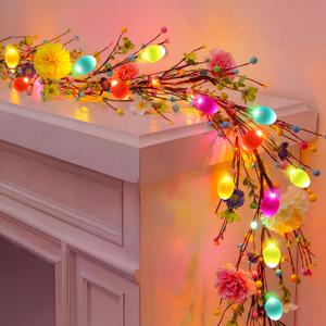 Enhon 6ft Easter Garland with Light, 20 LED Easter Egg Decoration, Spring Decorative for Mantle, Table Centerpieces, Stair Railing, Doorway, Windowsills, Front Door Décor & Party