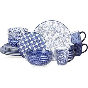 Selamica Ceramic Dinnerware Sets for 4, 16 Pieces Dishes Set, Scratch Resistant Plates and Bowls Sets, Microwave and Dishwasher Safe (Vintage Blue) A