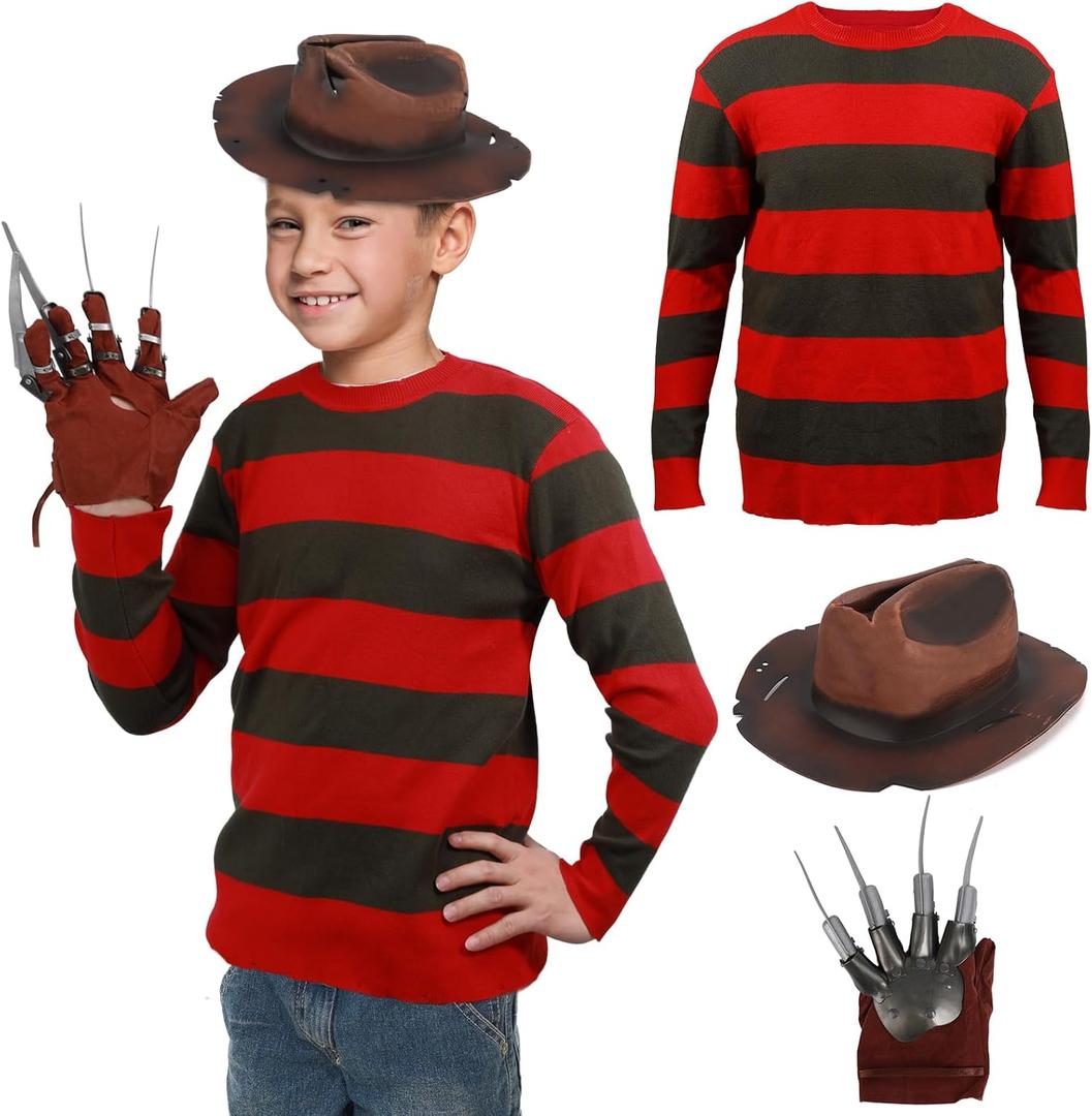 Kids Killer Costume Striped Sweater Horror Movie Freddy Outfit Accessories Hat Glove Halloween Cosplay Prop (13-14Y, 3pcs)