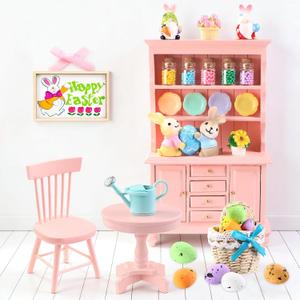 Celltestria 38Pcs Easter Dollhouse Miniatures Decorations 1:12 Scale Mini Pink Wooden Bookshelf Furniture Set Tiny Bottles Flowers Table Chairs Rabbits Eggs Easter Spring Decor