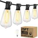 Brightever Outdoor String Lights, 25FT Patio Lights with 13 ST38 LED Edison Bulbs (1 Spare), Waterproof Connectable String Lights for Outside, Dimmable Hanging Light for Backyard Porch Decor, Black, 25FT-Warm White