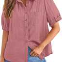 PRETTYGARDEN Womens Summer Short Sleeve Button Down Shirts V Neck Collared Casual Blouse Tops with Pockets