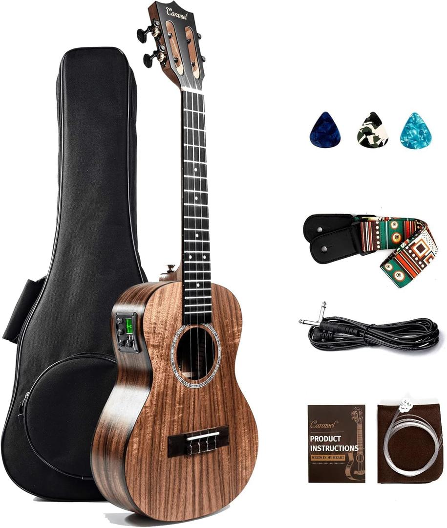 Caramel 26inch CT204 All Solid Acacia Wood Tenor Electric Ukulele Professional Ukelele Kit Beginner Guitar Starter Bundle Strings, Padded Gig Bag, Strap (All Solid Acacia Electric Tenor)