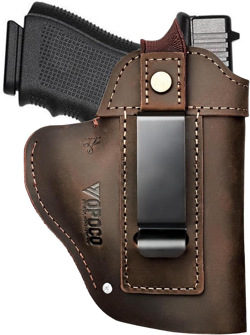 IWB/OWB Universal Leather Gun Holster for Men Women Right/Left Concealed Carry Holster Fits Glock 17/19/23/26/42/43X Taurus G2/G2C/G3C Sig P365 P320 Springfield Hellcat M&P 9mm Shield Most Size Pistol (Brown)
