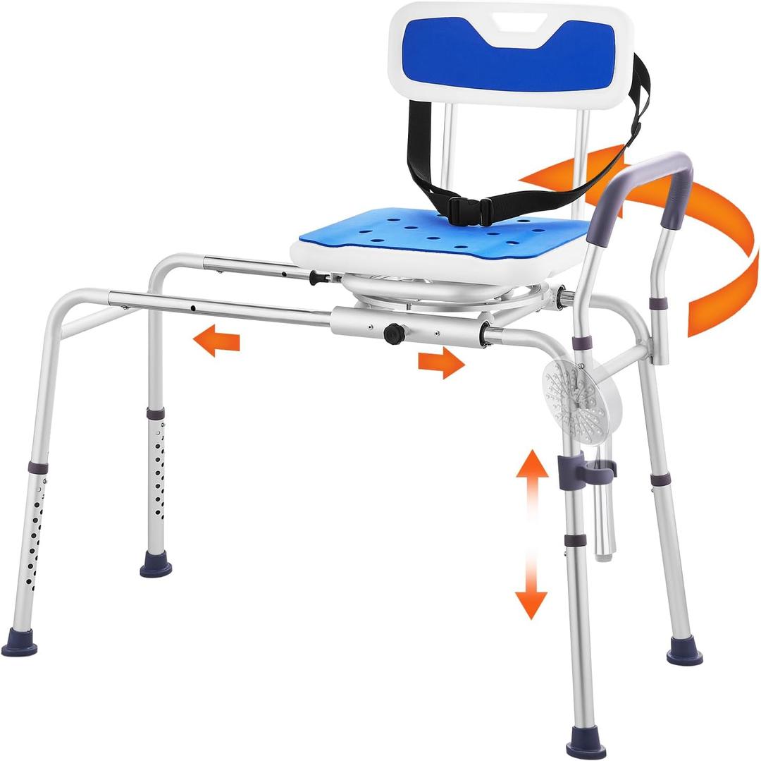 VEVOR Sliding Tub Transfer Bench with 360 Degree Swivel Seat, Height Adjustable Bathtub Transfer Bench with Armrest & Safety Belt, Non-Slip Rotating Shower Chair for Elderly Disabled, 400LBS Capacity