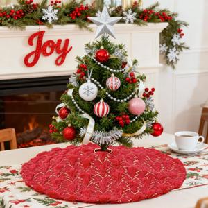 Small Tree Skirt Red Faux Fur Christmas Tree Skirt 24 inch Double Layers Sequin Trees Gold Mini Tree Skirt for Xmas Ornaments Pencil Decorations