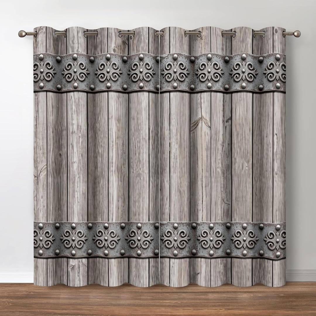 Rustic Wooden Barn Door Blackout Curtains 42"x84" 2 Panels
Retro Wood Farm Farmhouse Country Decor, Room Darkening Grommet Drapes for Bedroom Living Room