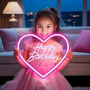Happy Birthday Neon Sign, Pink, 13.7" x 12.5", LED, USB Powered, Dimmable Switch