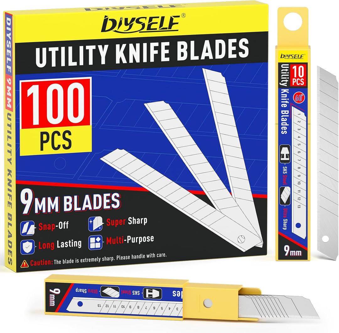 DIYSELF 100Pcs 9mm Utility Knife Replacement Blades, Snap Off Blades for 9MM Universal Box Cutters (60)