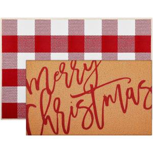 Tinideya 2 Pcs Christmas Door Mat Xmas Welcome Non Slip Coir Mats Merry Christmas Red White Buffalo Plaid Floor Layering Doormats Seasonal for Front Porch Entryway Decor(Red White Buffalo)