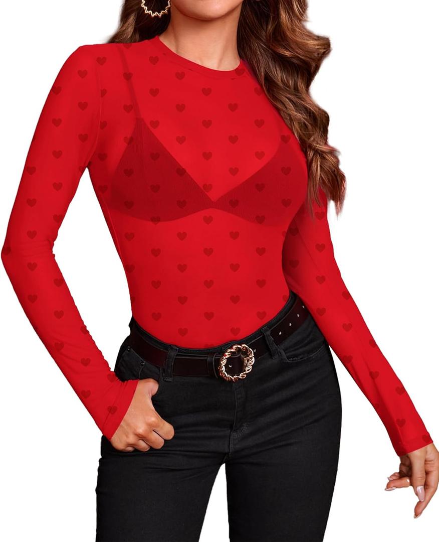 OFEEFAN Womens Mesh Tops Lace Long Sleeve Shirts Crewneck Slim Fitted Outfits See Through Blouses (X-Large, Red Heart)