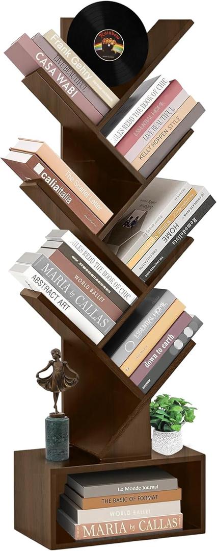 6 Tier Tree Bookshelf, Tall Narrow Wooden Bookcase with Drawer and Storage Cabinet, Freestanding Small Book Shelf Organizer for Bedroom, Living Room, Home Office, Rustic Brown Display Shelf