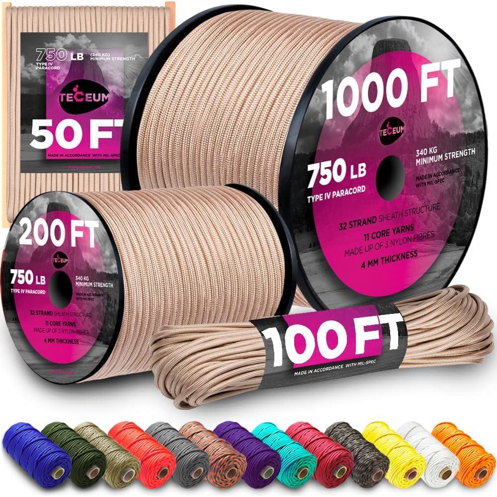 TECEUM Paracord Rope 750 lb 1000ft / 200ft / 120ft / 100ft / 50ft String Parachute Cord for Camping, Survival, Outdoor Gear 35+ Colors Nylon Utility Rope Tactical Survival & Camping Kit