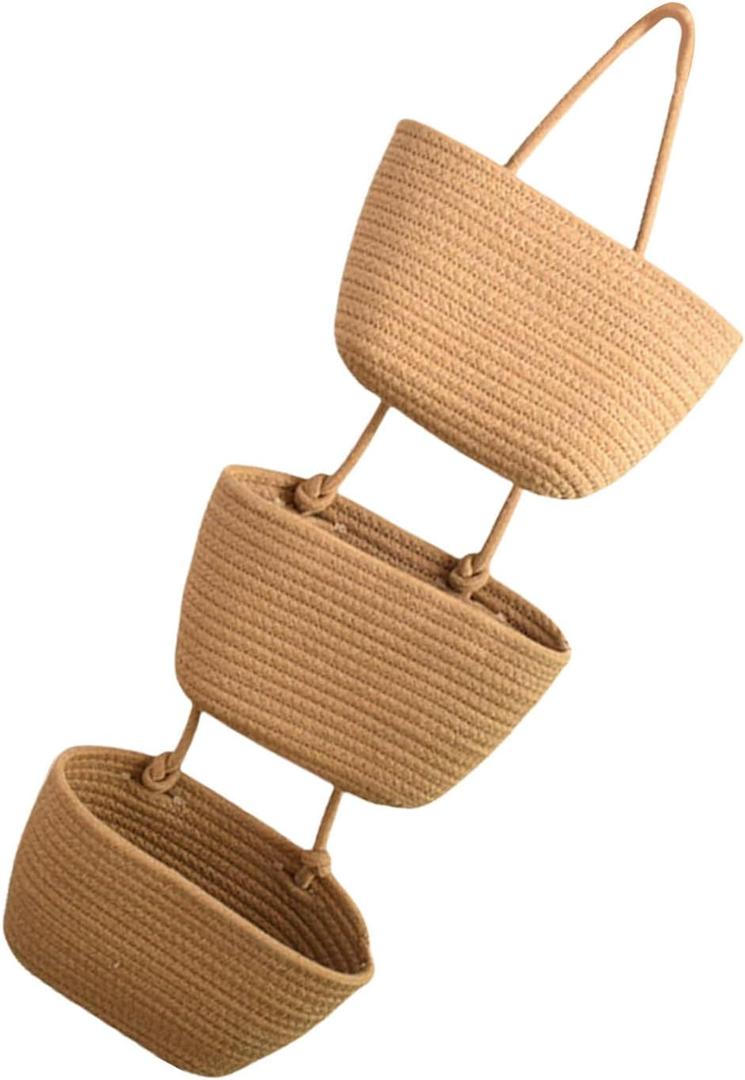 Multipurpose Hanging Cotton Rope Baskets 3 Layer Cotton Rope Foldable Hanging Basket for Efficient Item Arrangement (Khaki)