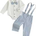 Baby Boy Clothes Set Infant Bow Tie Button Down Shirt Bodysuit Top Suspender Pants 2Pcs Fall Winter Outfit, Size: 3-6 Months