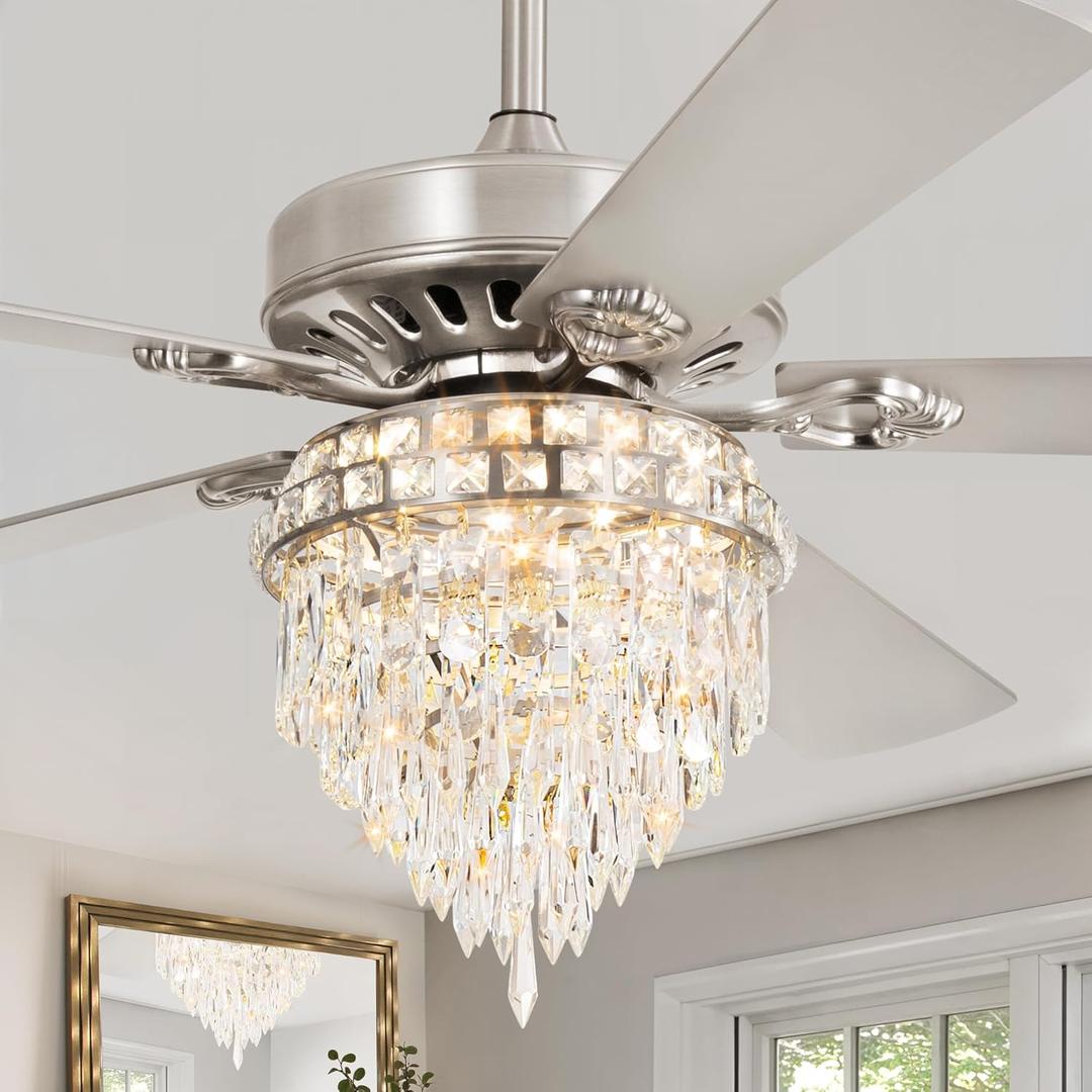 60 Inch Modern Farmhouse Fandelier Ceiling Fans with Lights, Brushed Nickel Crystal Ceiling Fan Chandelier, 6 Speeds and Reversible, 3CCT, Indoor Ceiling Fan for Living Room Bedroom Kitchen