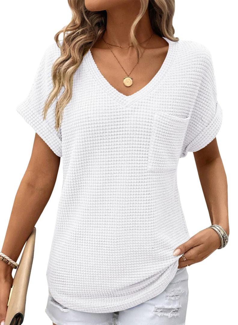 Dokotoo Womens Waffle Knit Tops 2026 Spring Summer V Neck Shirts Casual Trendy Women's Blouses Basic Tee S